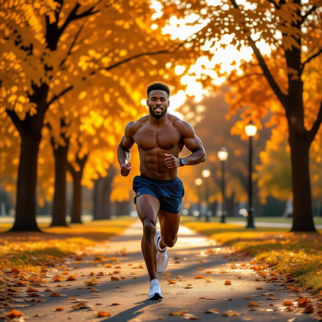 Athletic Black Man Jogging in Autumn Park