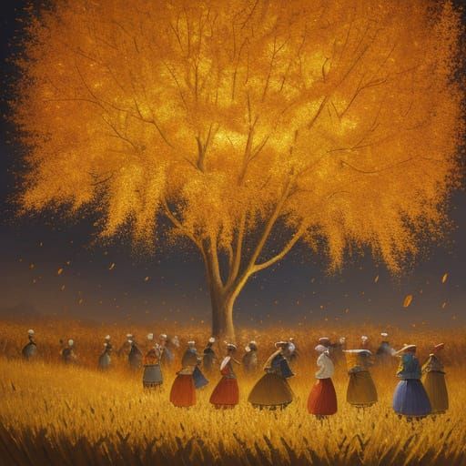 Golden Autumn Harvest Celebration Oil Painting