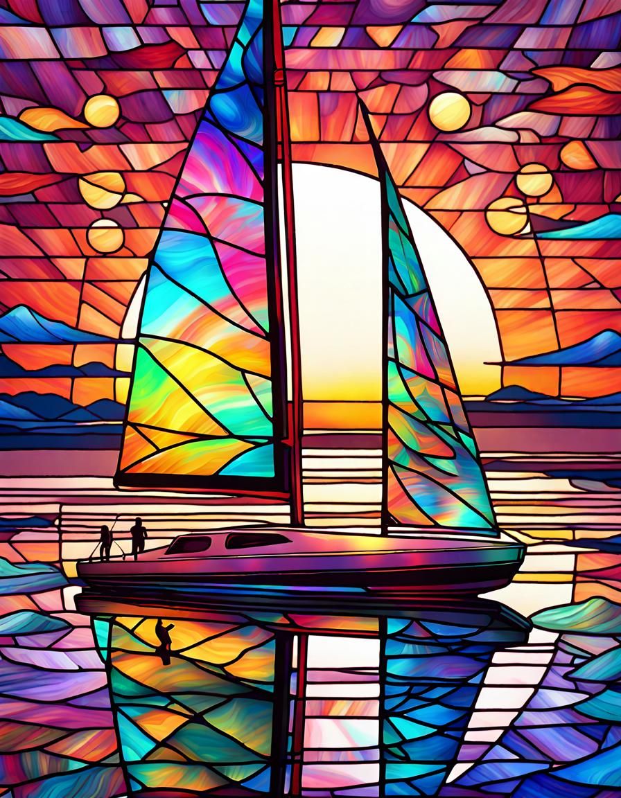 Catamaran Sailing at Sunset: Stained Glass Design