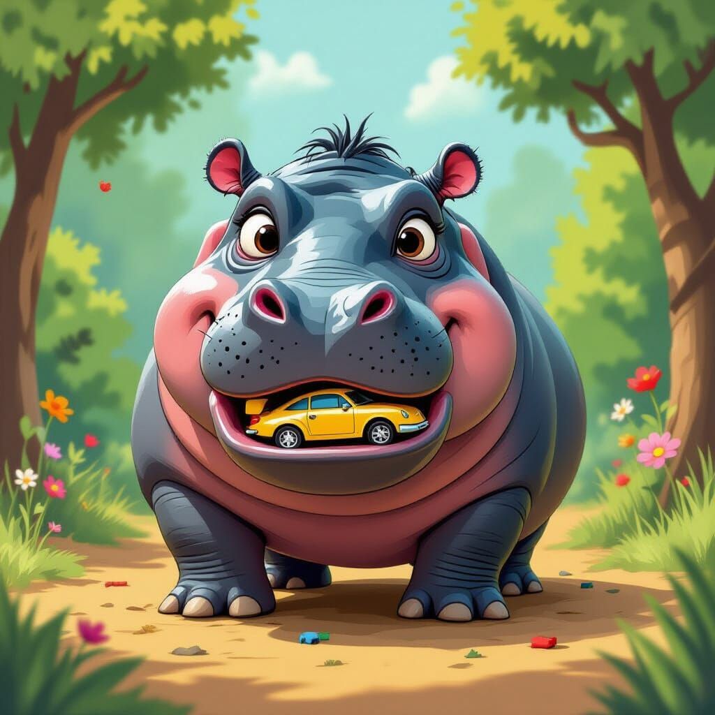 Hippo's Mischievous Snack: A Toy Car Feast