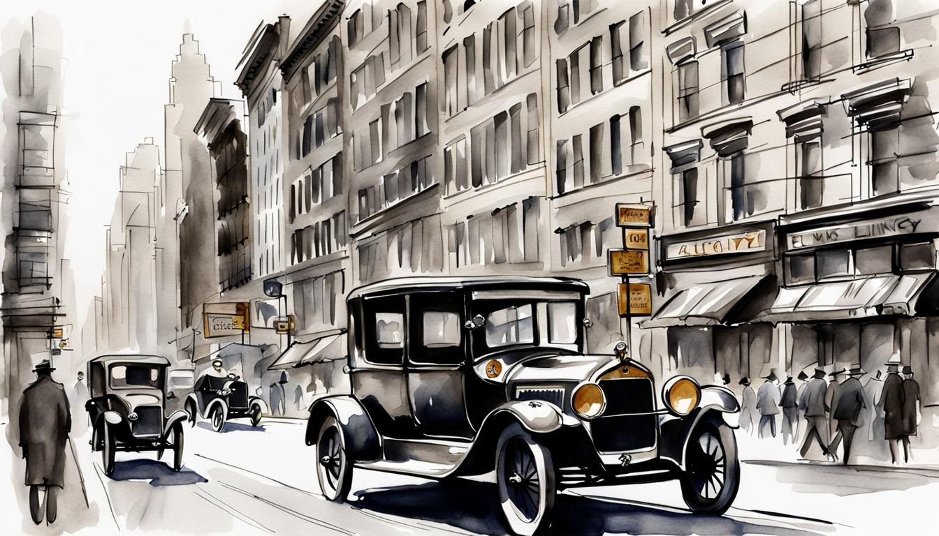 Watercolor Sketch of 1920s Car in New York