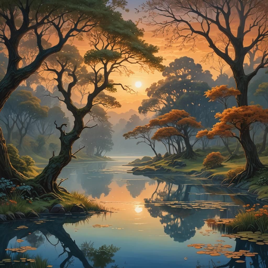 Dreamlike Springscape Sunset in Fantasy Art Style