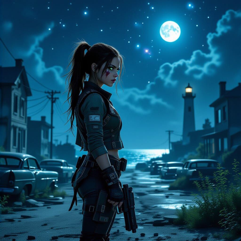 Post-Apocalyptic Girl with Gun in Ruined City