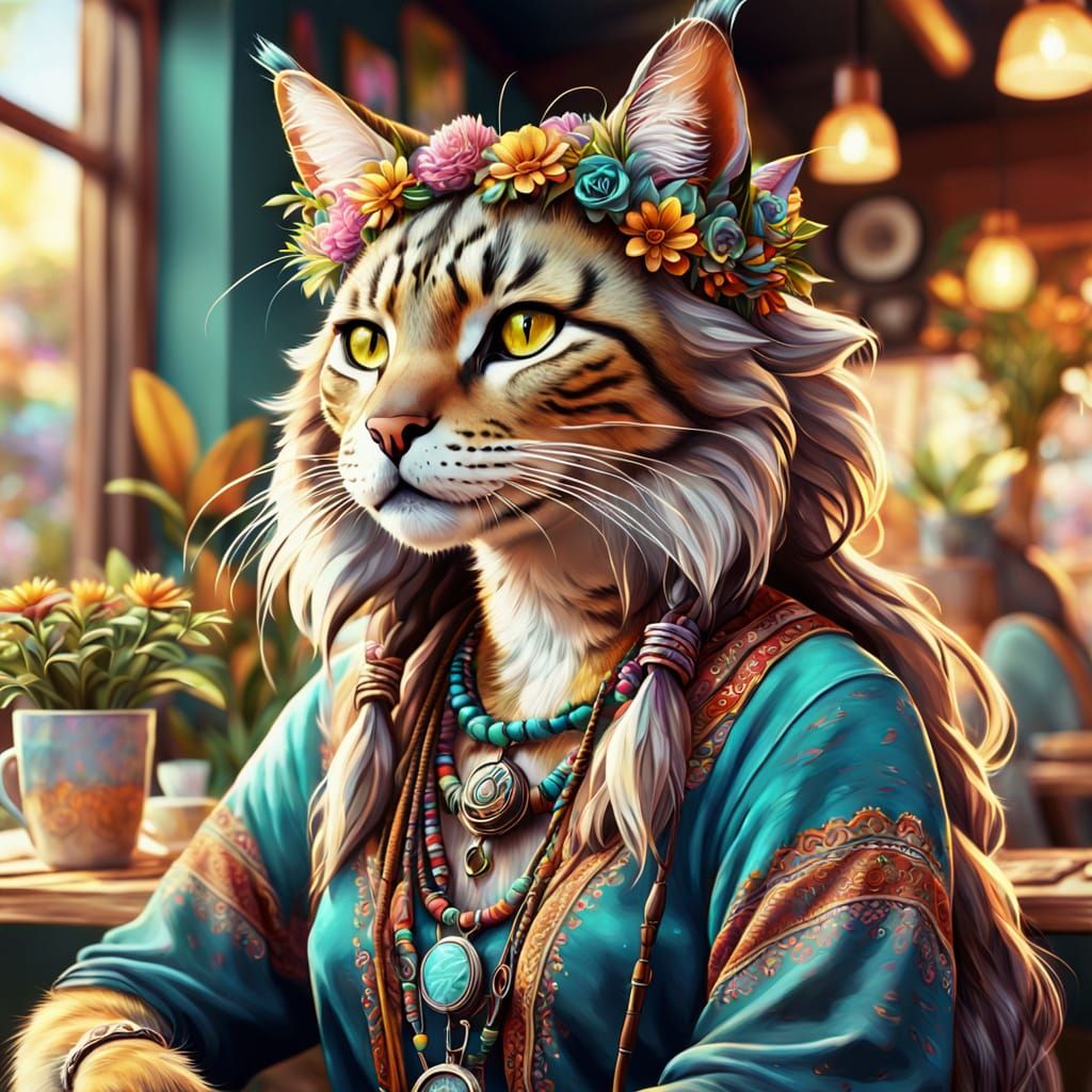 Tabaxi in Boho Style at Coffee Shop: Digital Art