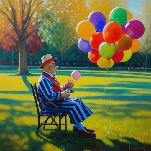 Joyful Clown Creates Balloon Animals in Sunny Park