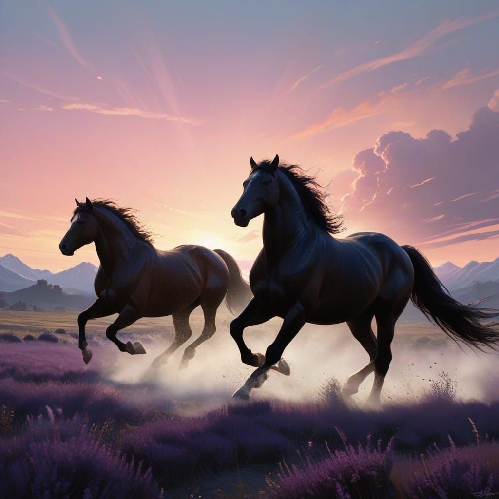 Regal Horse Silhouettes Against Vibrant Cloudscape