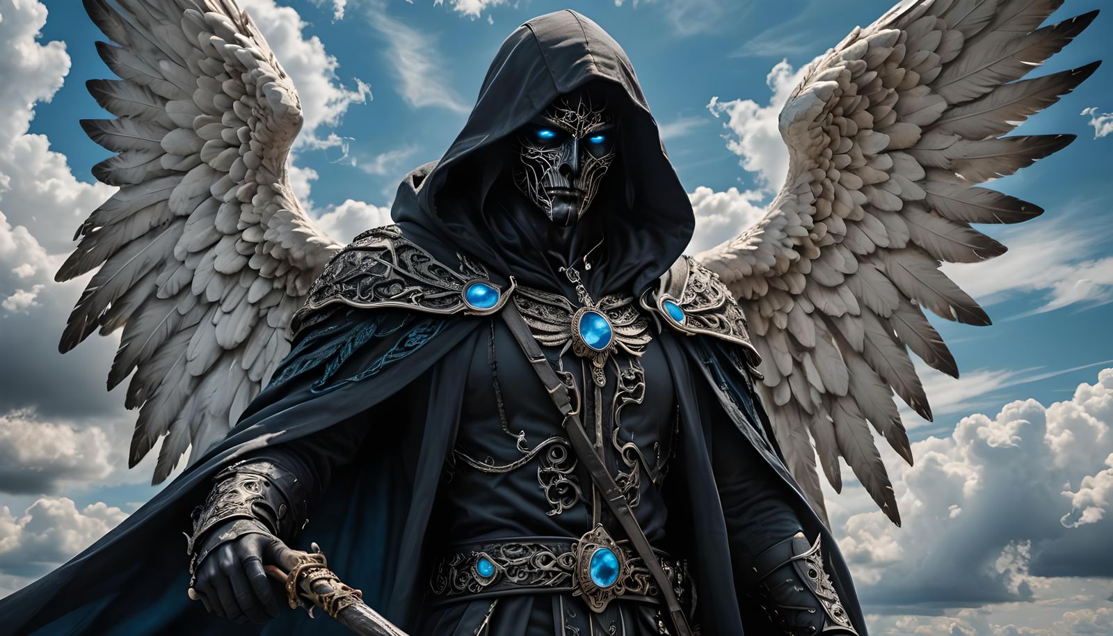 Black Winged Angel of Death with Blue Jewel