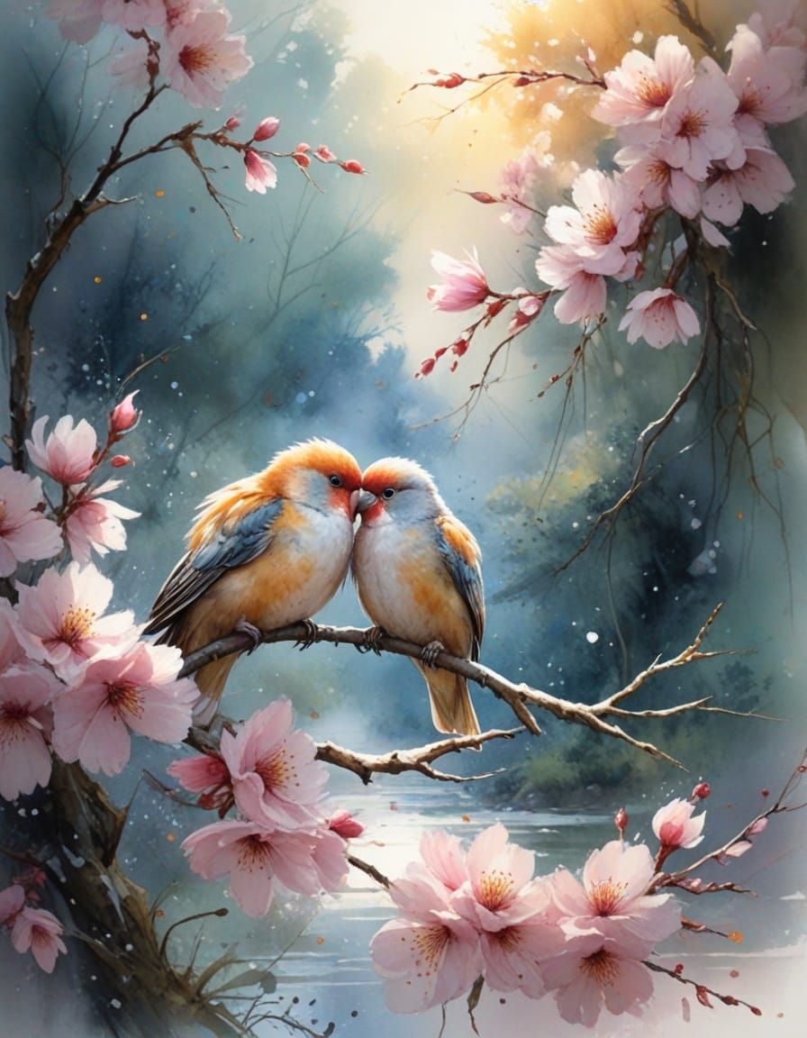 Lovebirds in Spring Garden Watercolor Painting