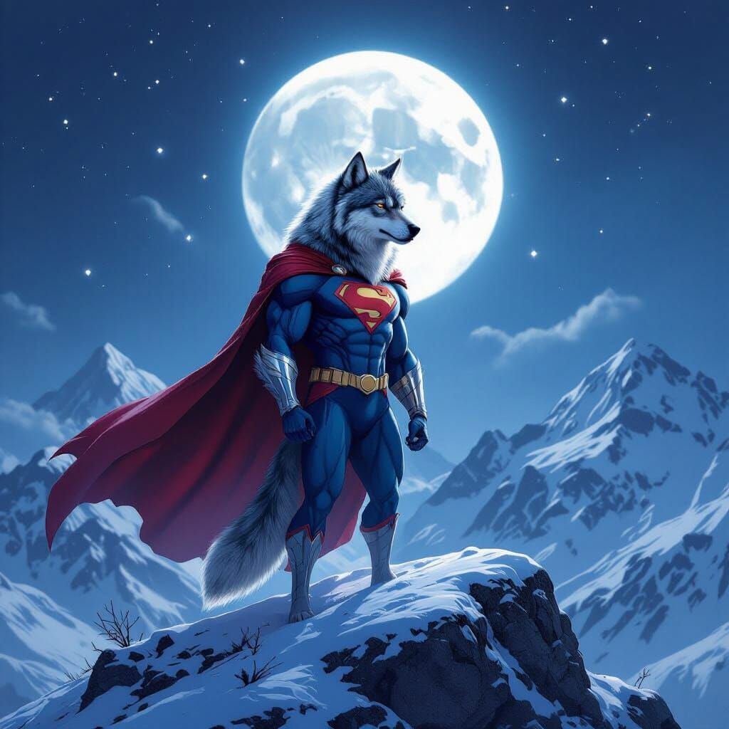 Majestic Wolf Superhero Under Full Moon
