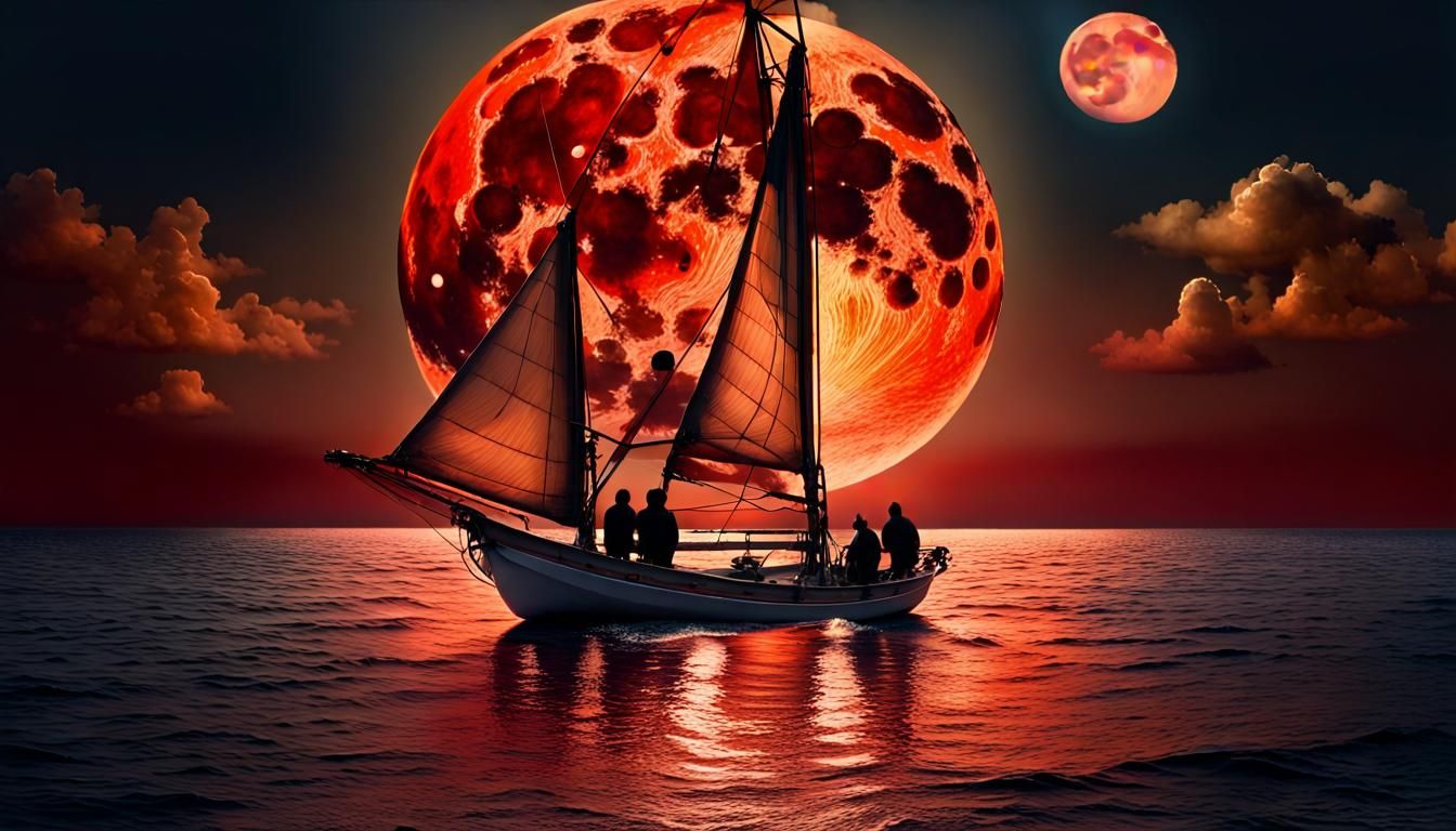 Fishermen Sailing Under a Red Moon, Photorealistic Seascape