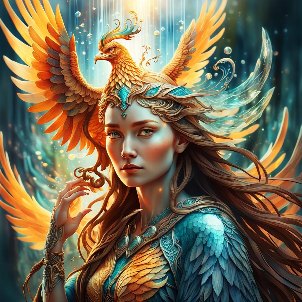 Magical 3D Phoenix and Viking Woman
