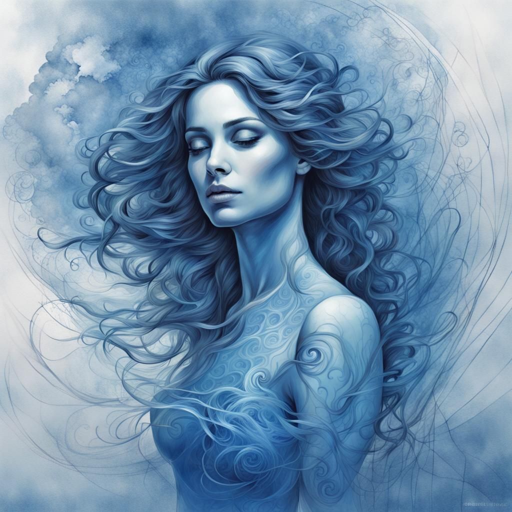 Ethereal Blue Woman in Dreamlike Mist