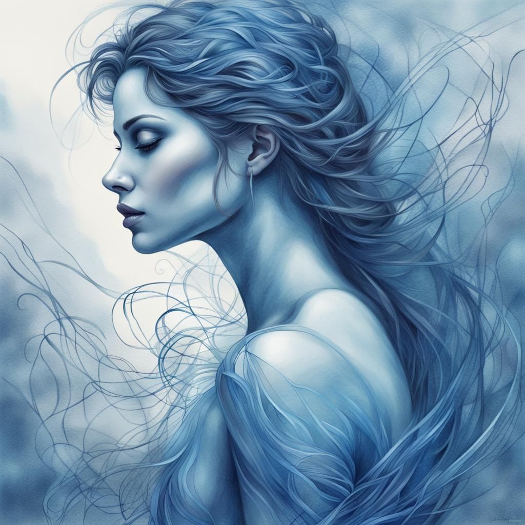 Ethereal Blue Woman Woven From Cosmic Mist
