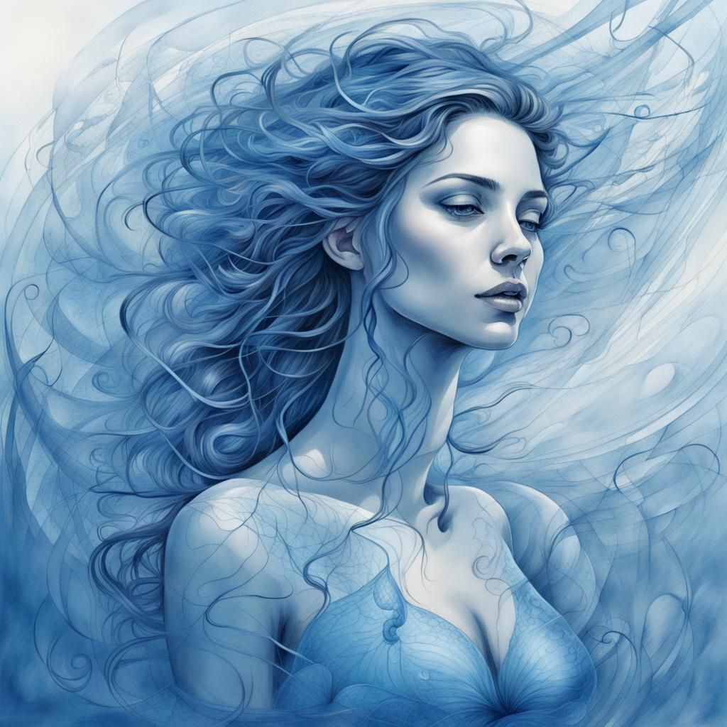Ethereal Blue Woman in Dreamlike Mist Illustration