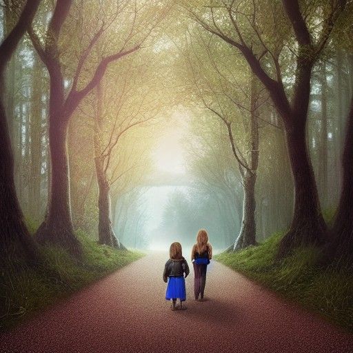 Mother and Daughter Walking in a Fantasy Forest