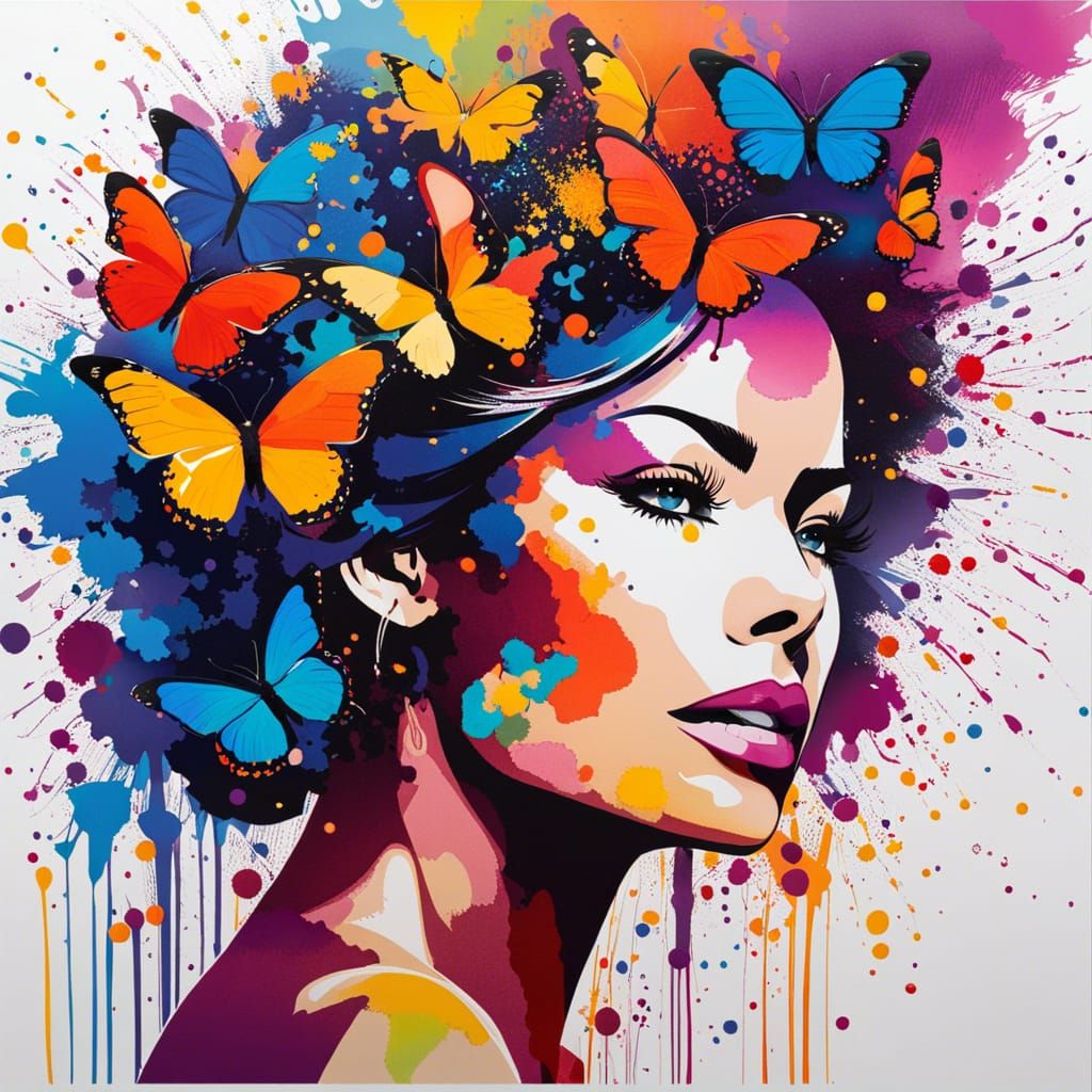 Butterfly Woman Inkblot Portrait in Expressionist Style