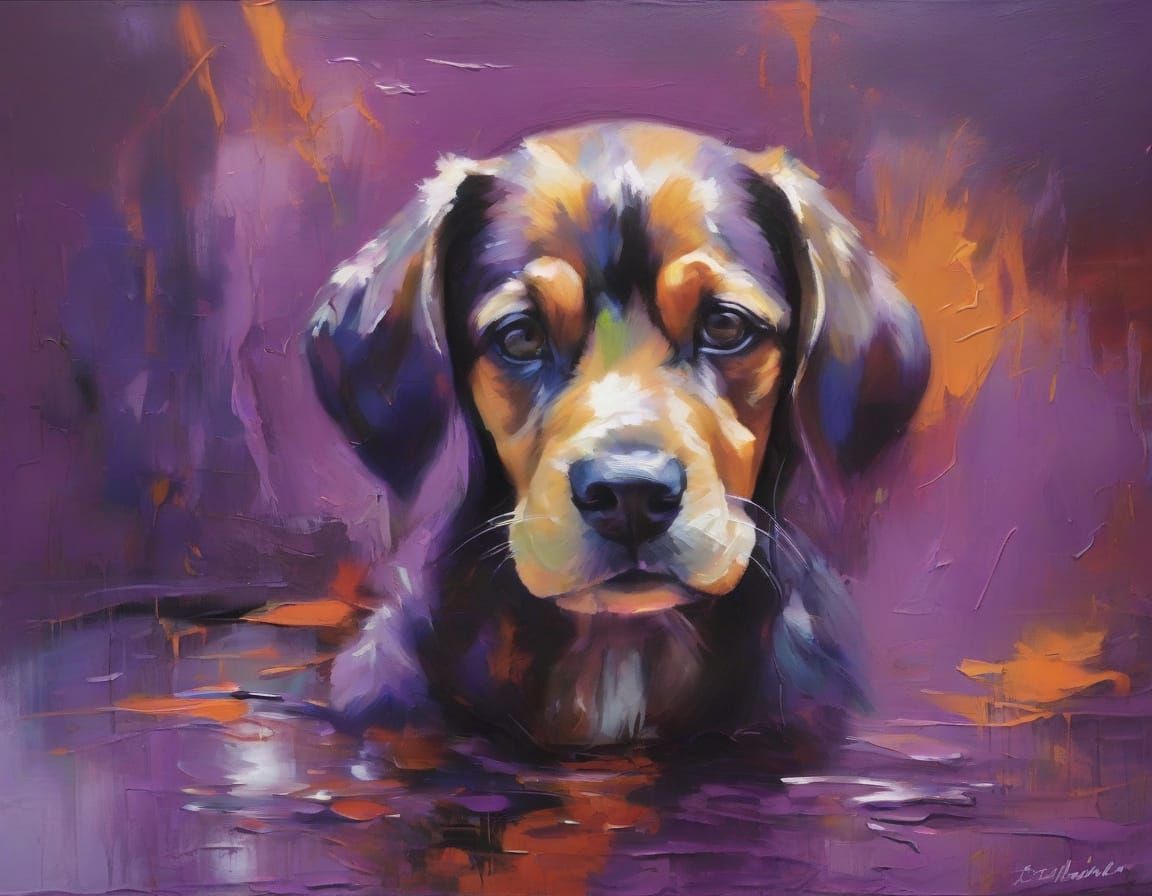 Vibrant Puppy in Whimsical World, Neo-Impressionist Style