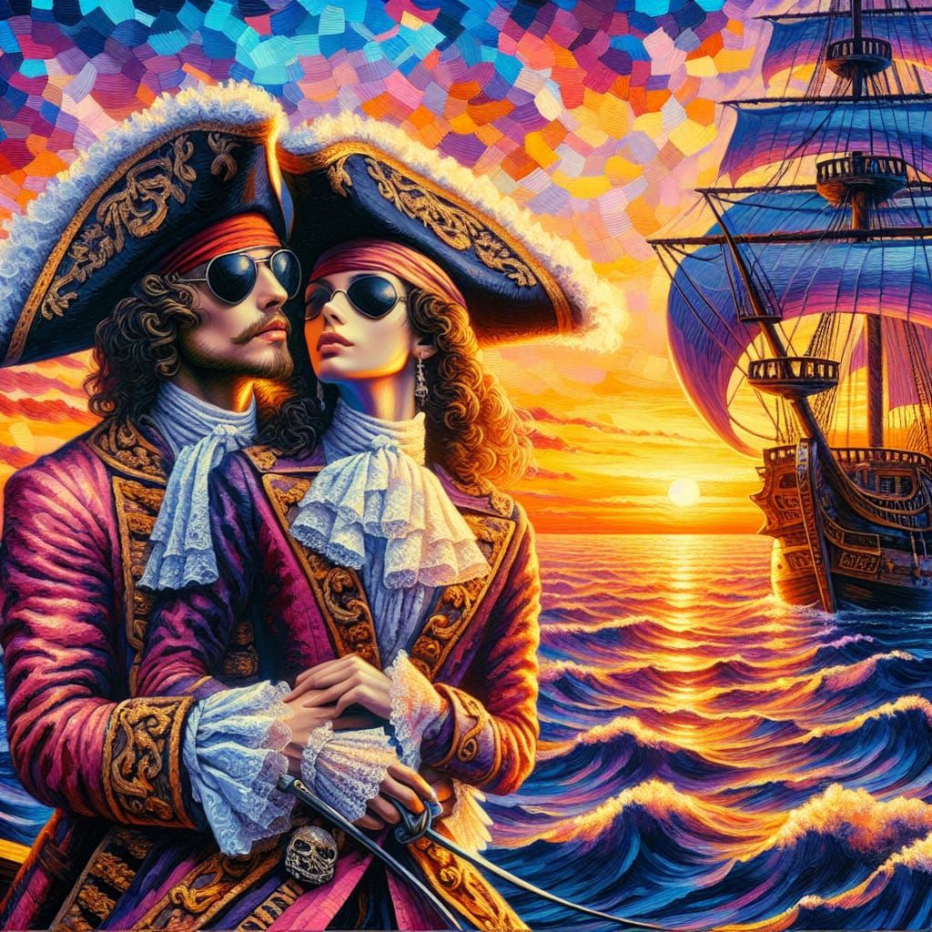 Pirate King and Queen at Sunset: Baroque Oil Painting