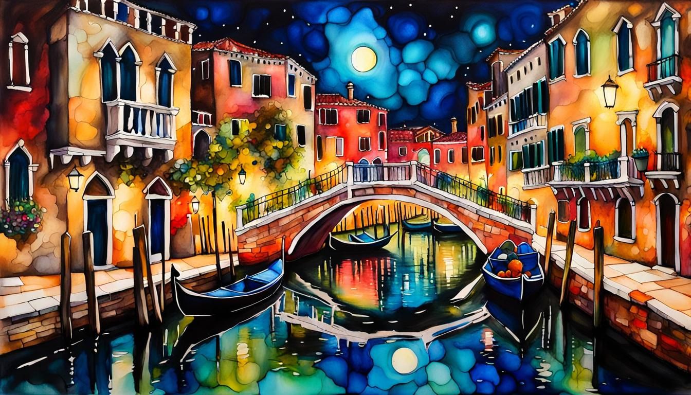 Venice Canals at Night: Alcohol Ink Encaustic
