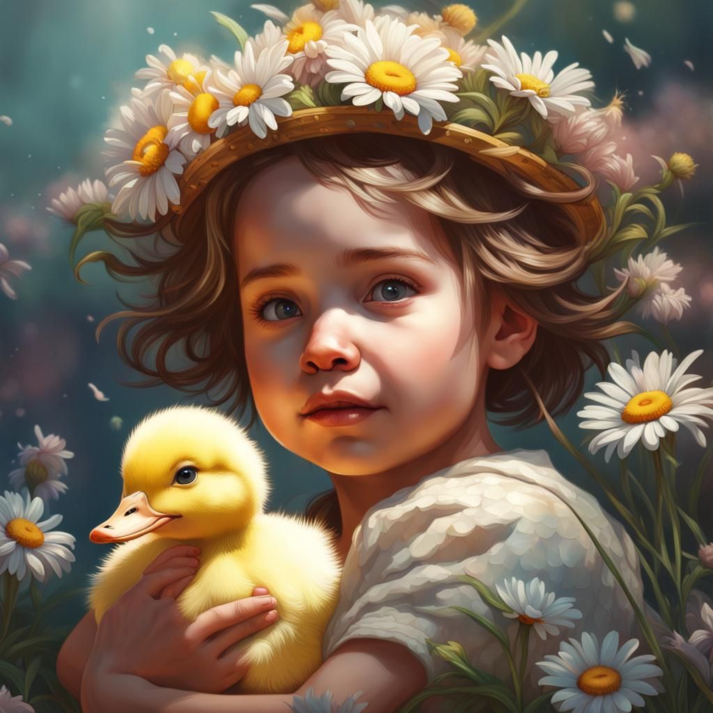 Toddler, Duckling, and Daisies: Artstation Portrait