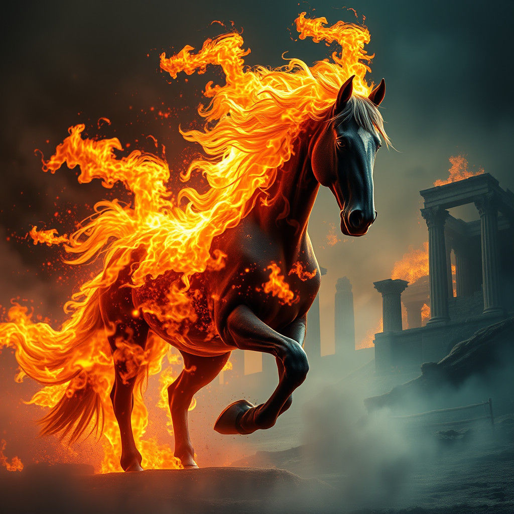 Majestic Horse Ablaze in Apocalyptic Landscape