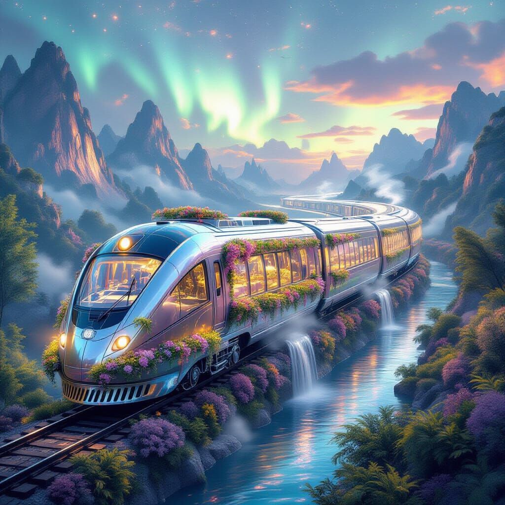 Surreal Serpent Train in Enchanted Paradise