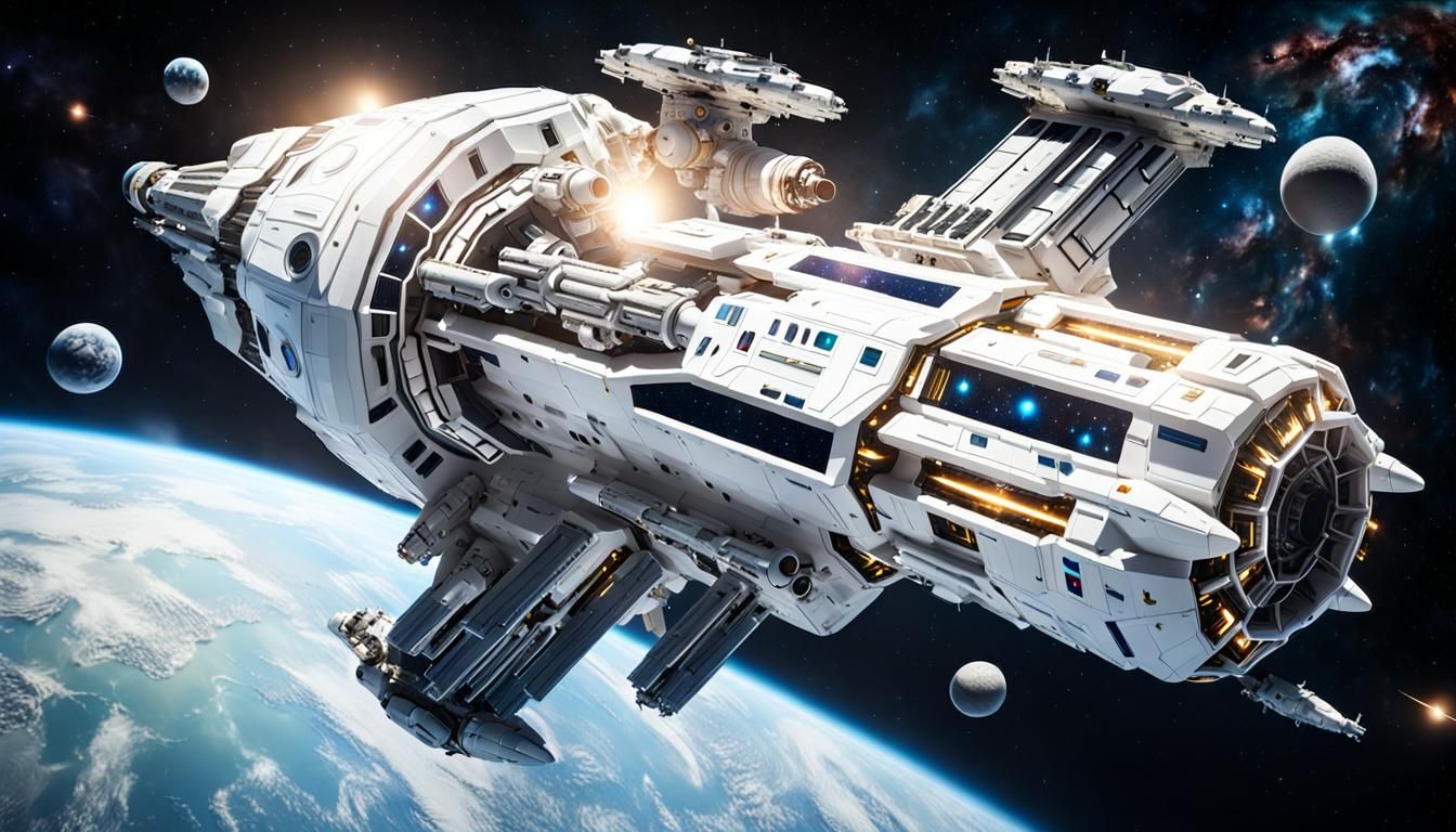 Heavenly White Spaceship in a Beautiful Star System