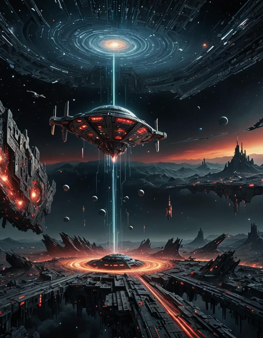 Dystopian Spaceship in Surreal Post-Apocalyptic Landscape