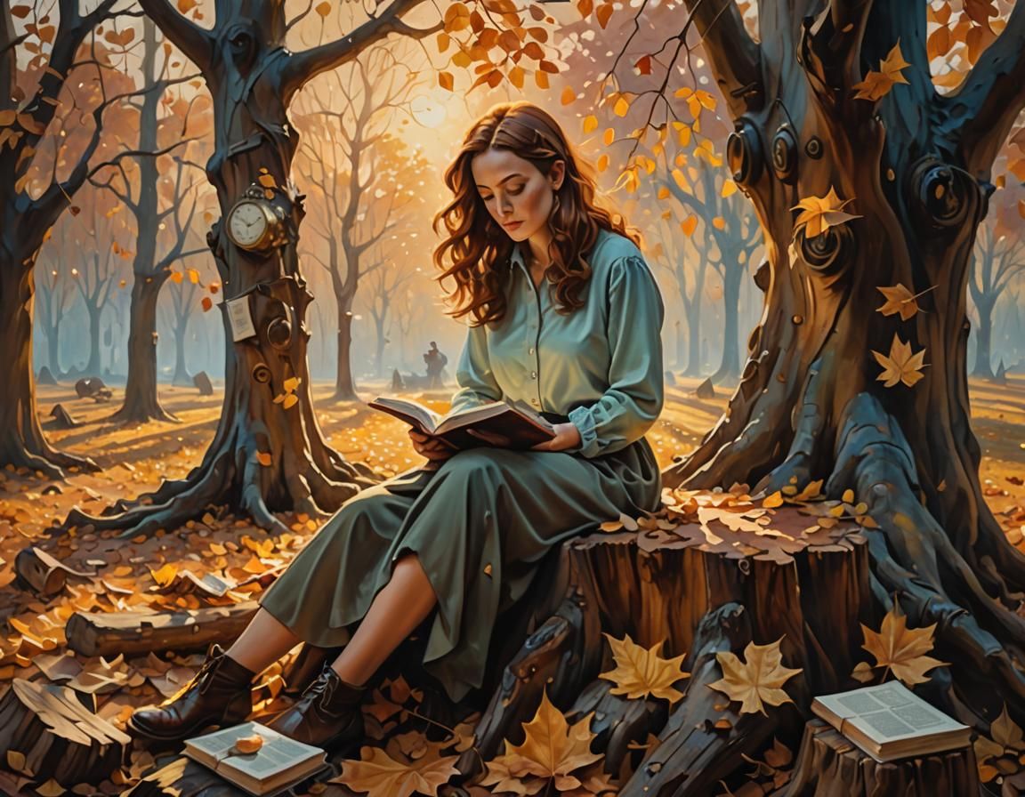 Autumnal Surrealism: Woman Reading Poetry in Dreamscape