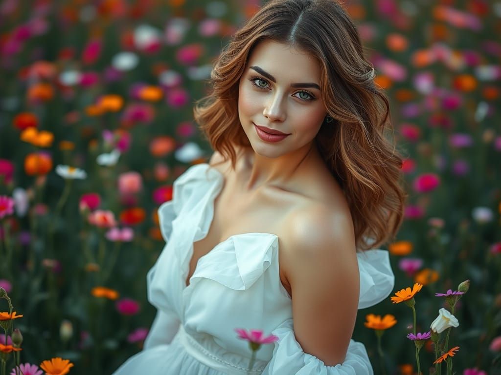 Woman in Flower Field: Ethereal Botanical Art