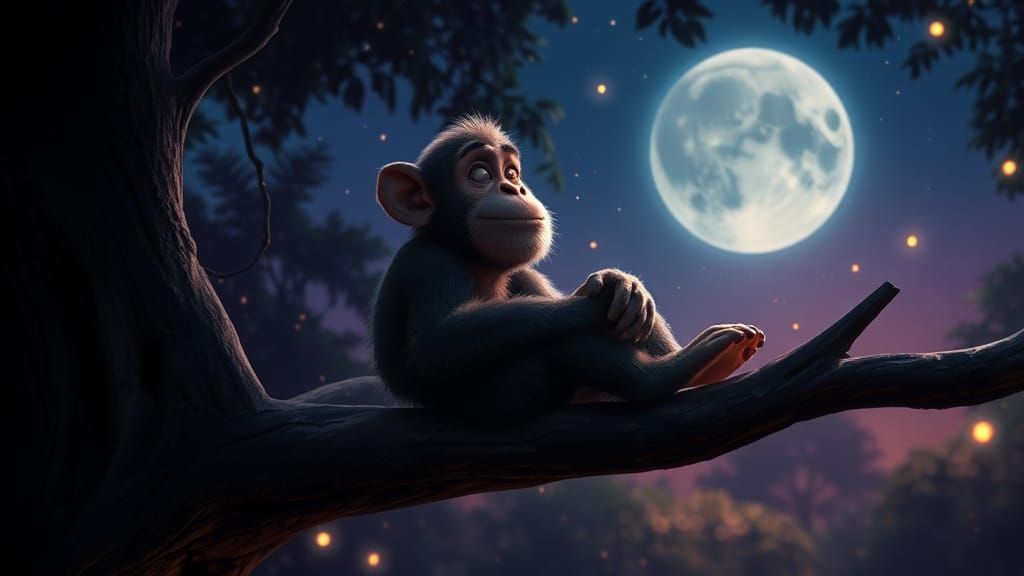 Contemplative Monkey Gazing at Stars: 3D Rendered Scene