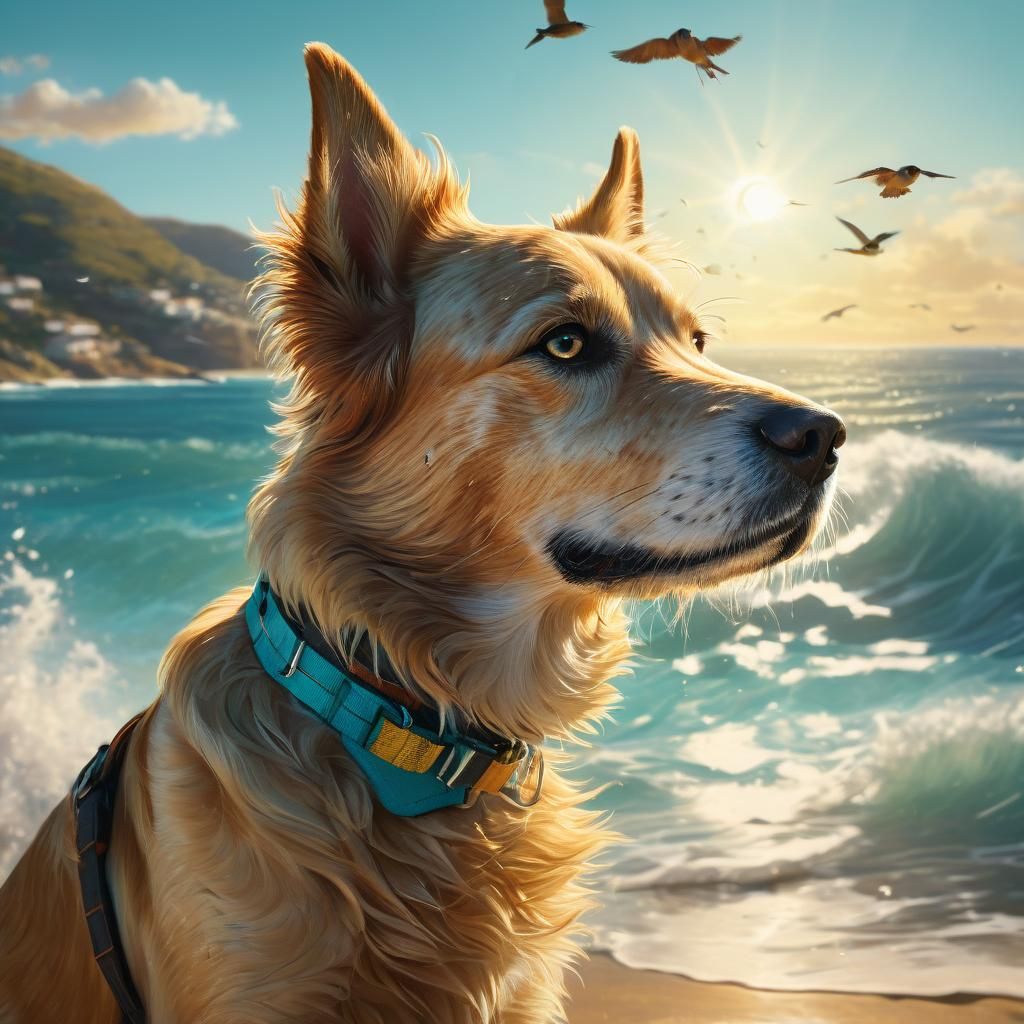 Cute Dog's Seaside Holiday: Hyperrealistic Splash Art
