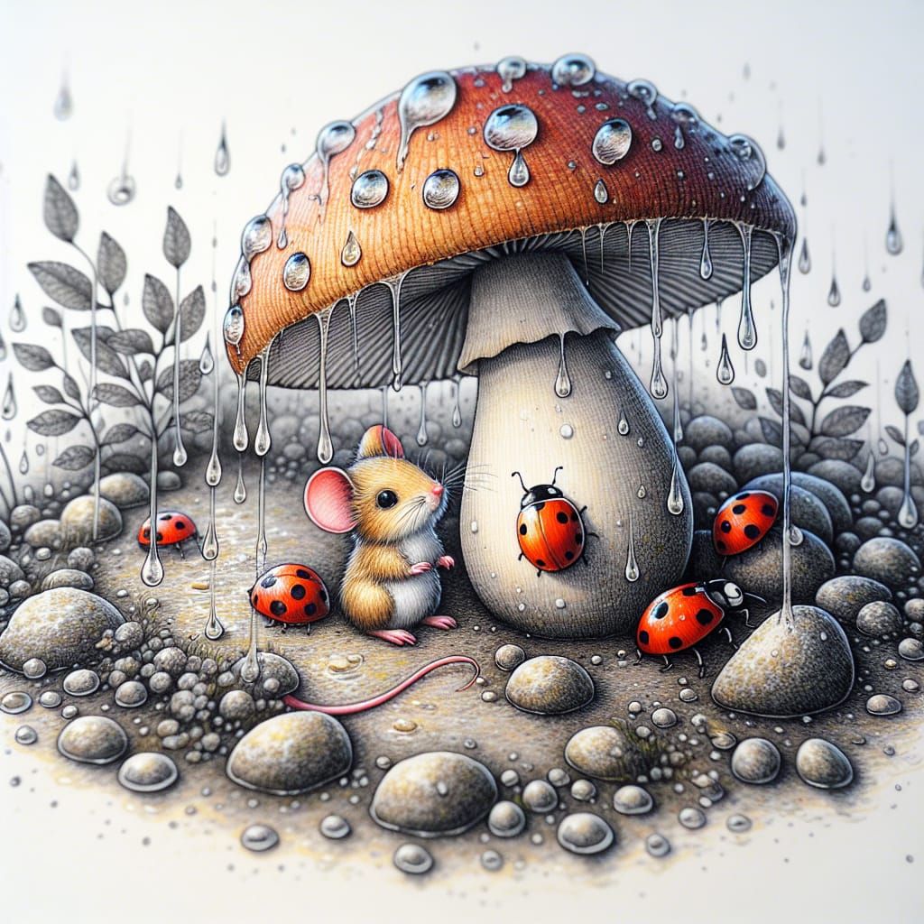 Whimsical Rainy Day Scene in Anime-Inspired Ink and Watercol...