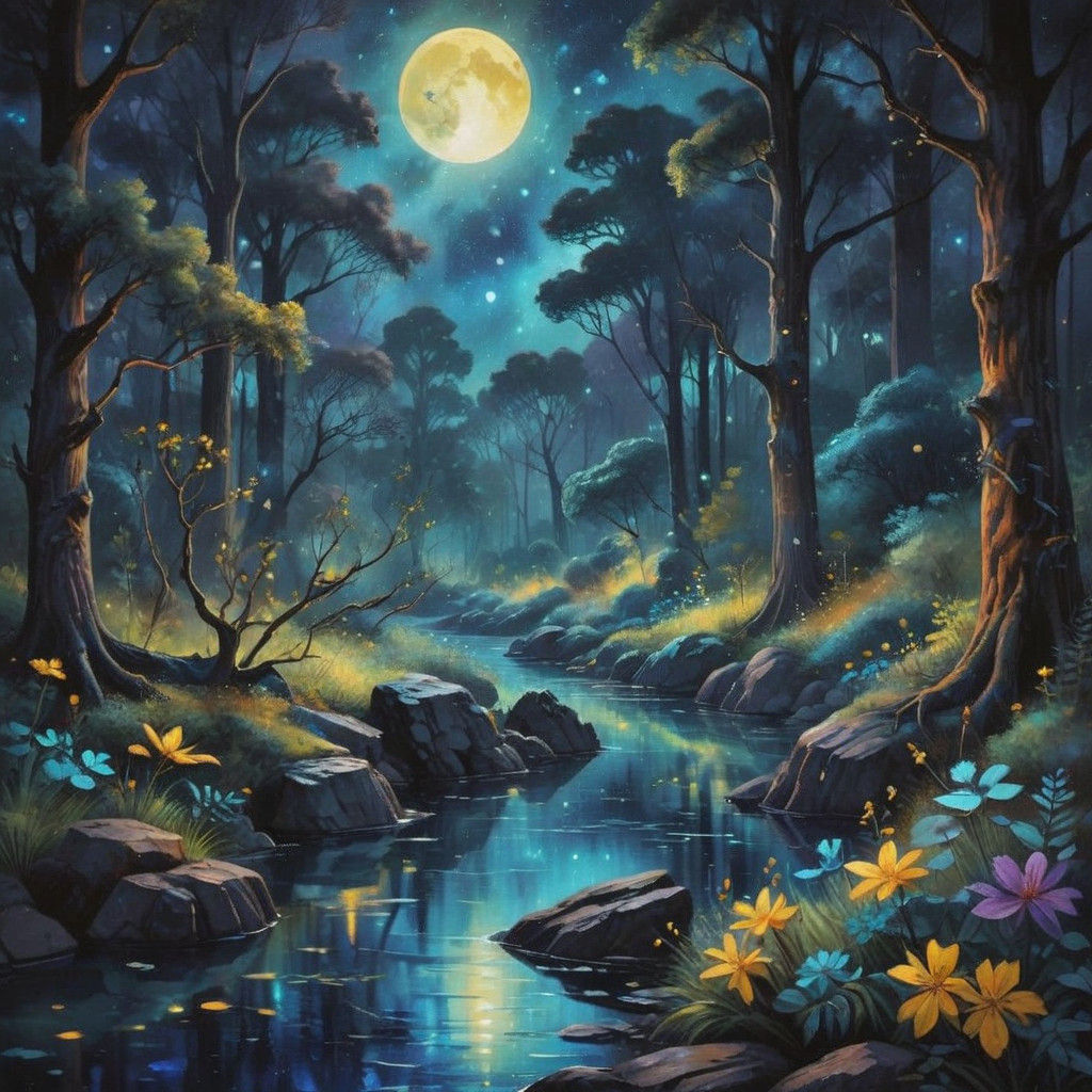 Mystical Starry Night Forest Oasis in Gouache Style