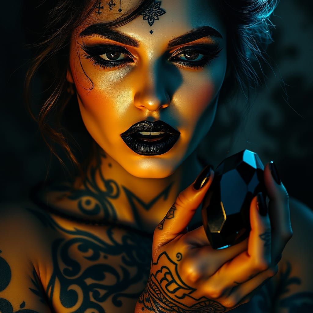 Mystical Woman with Black Lips and Gemstone