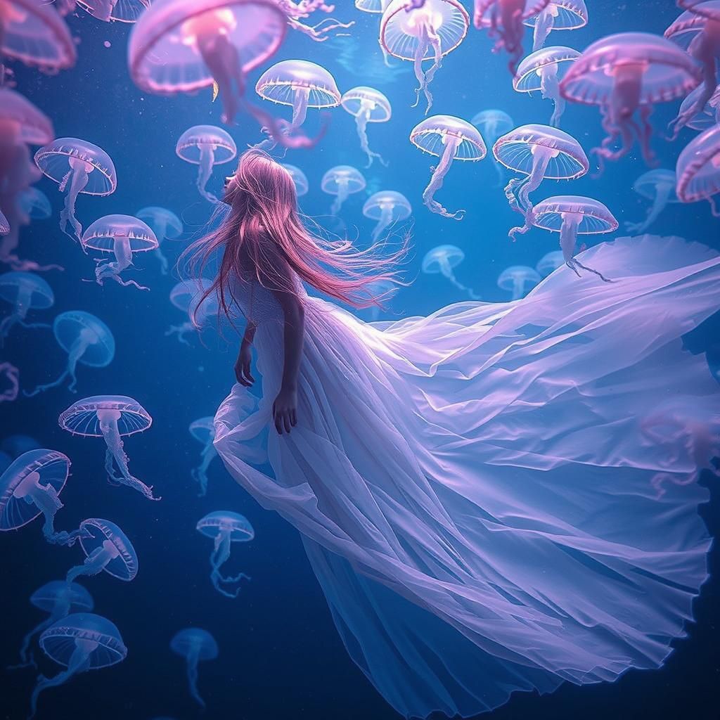 Underwater Dance with Jellyfish in Ash Thorp Style