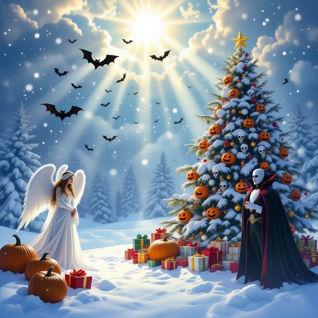 Wintry Christmas Scene with Angel, Vampire, and Bats