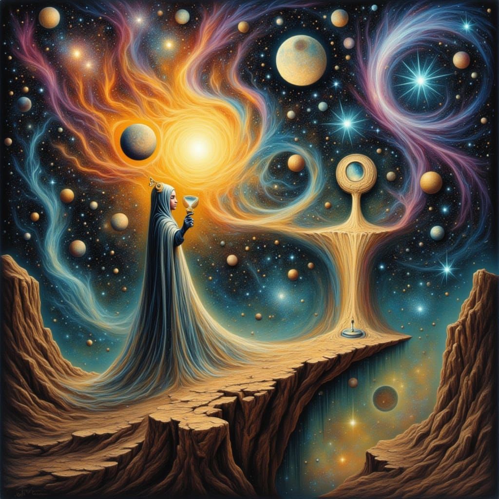 Cosmic Traveler Holding Backward Hourglass in Surreal Oil Pa...