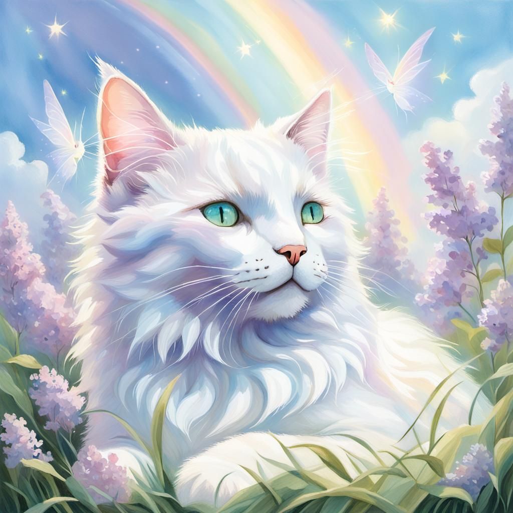 Pastel Fairy Cat in Sunlight: Watercolor Painting