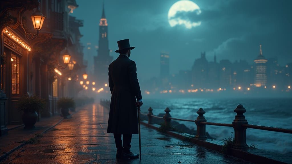 Elegant Gentleman Surveys Futuristic Victorian Metropolis