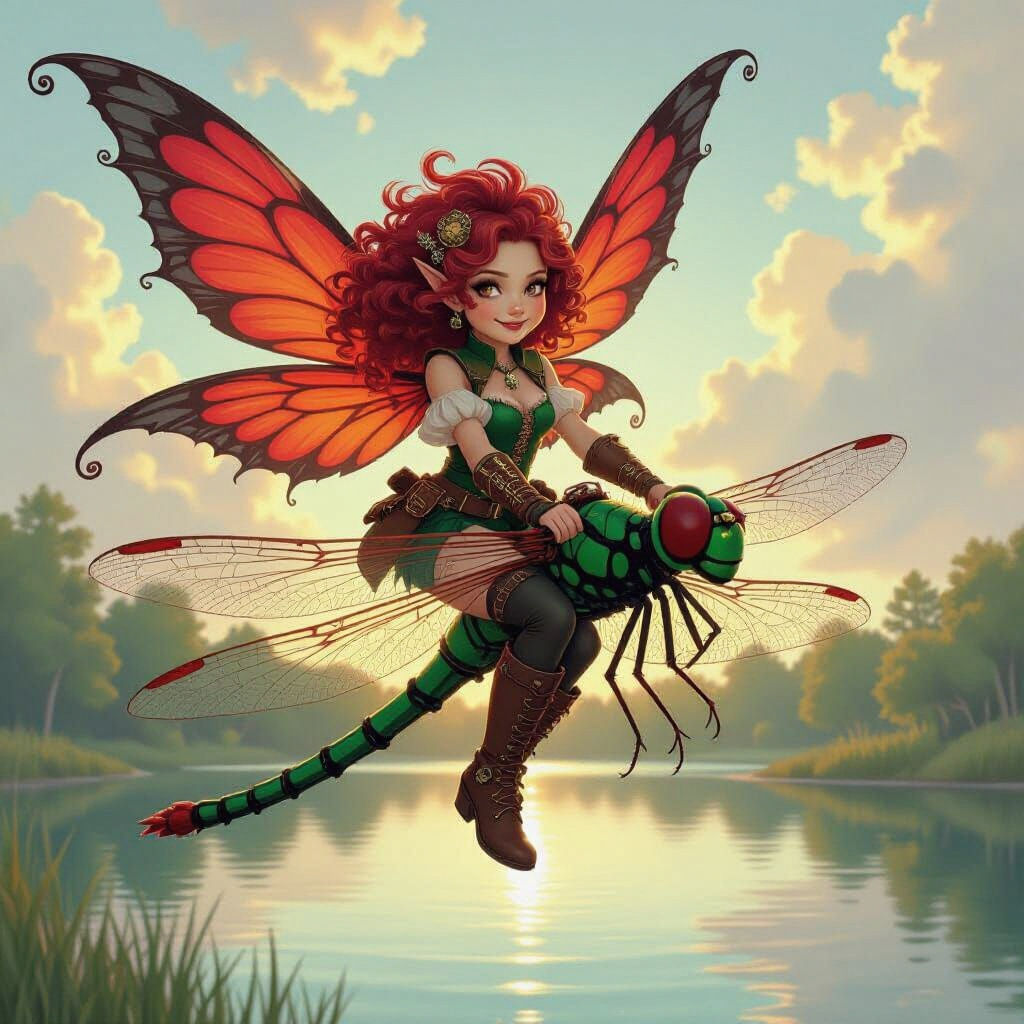 Fairy Riding a Dragonfly in Steampunk Style