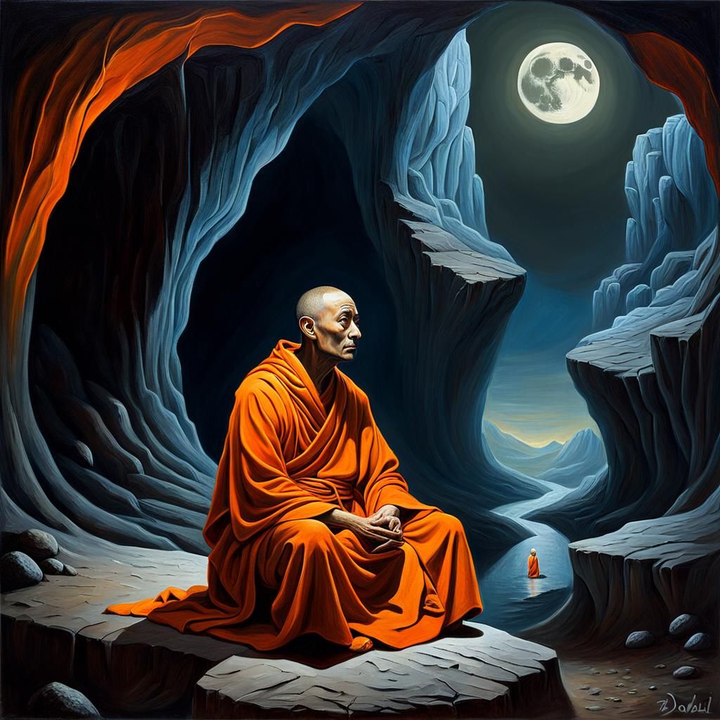 Monk Meditating in Surreal Oil Painting Style