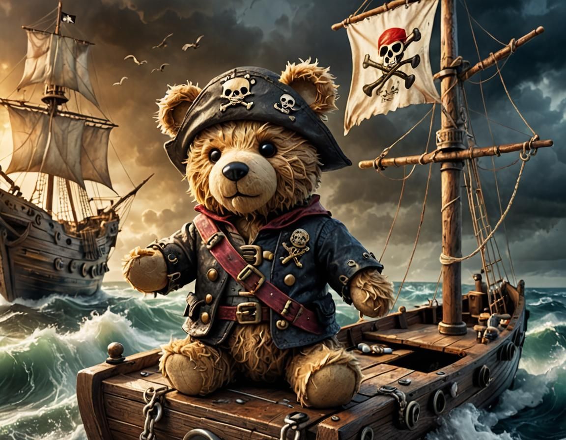 The pirate teddy bear at sea
