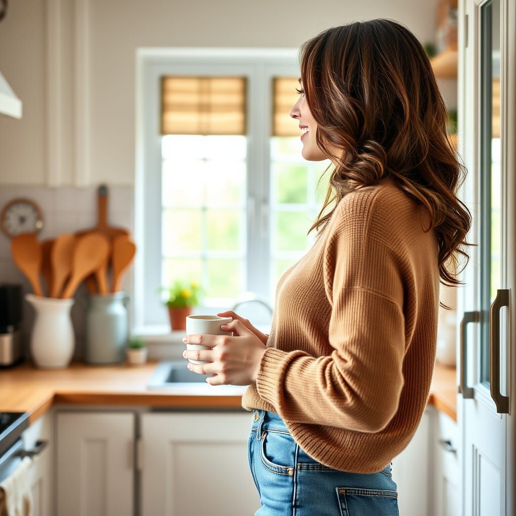 Woman Enjoys Coffee in Country Kitchen at Morning