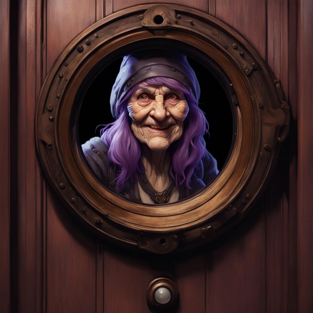 Hyperdetailed Old Hag Smiles Through Peephole