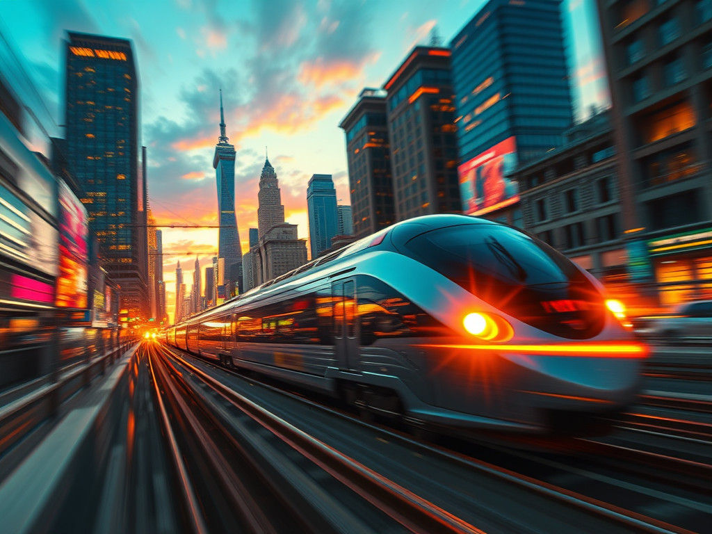 Futuristic Cityscape with Bullet Train in Cyberpunk Style