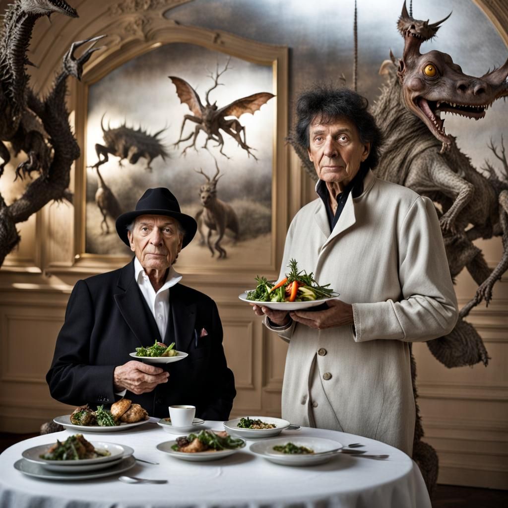 Surreal Restaurant Scene with Bizarre Creatures