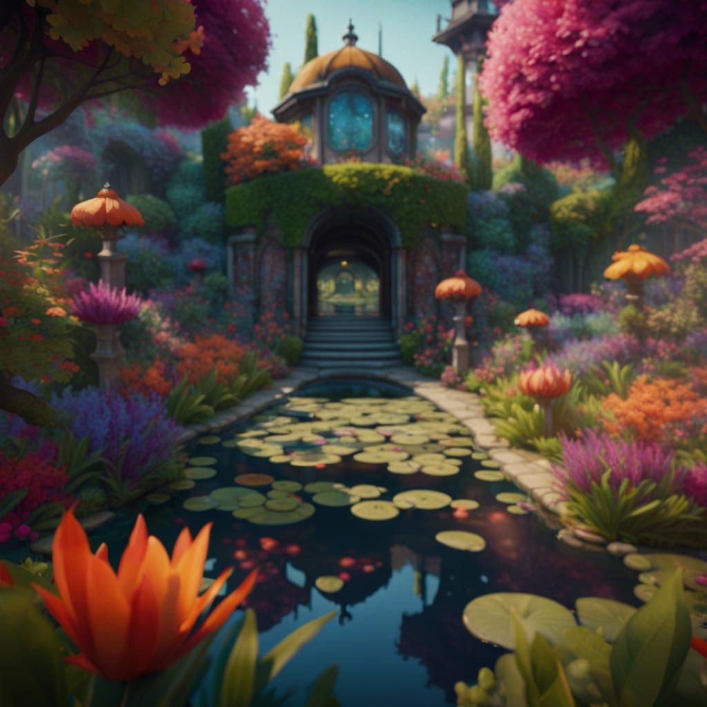 Walking through a very colourful garden with a coi pond