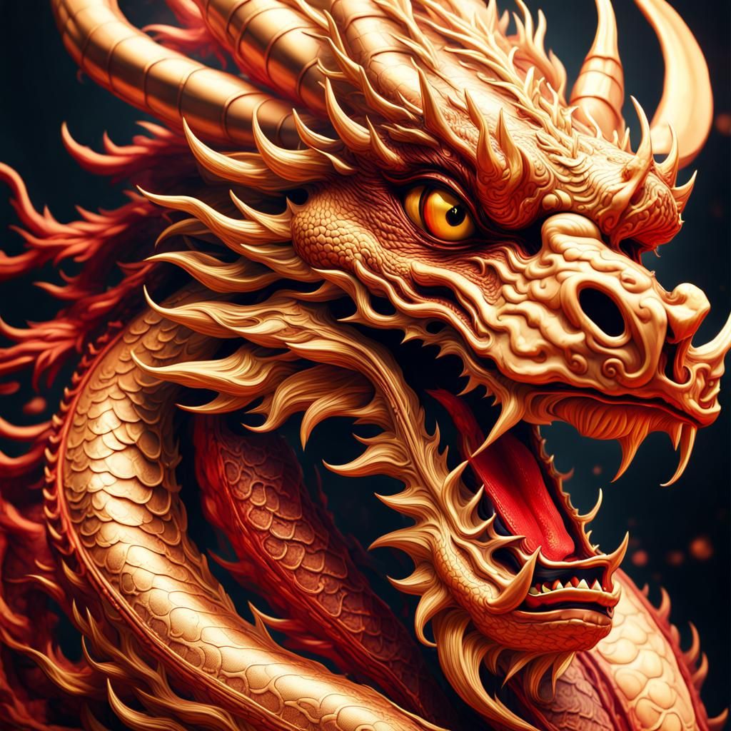 Spectacular Gold and Crimson Chinese Dragon Head