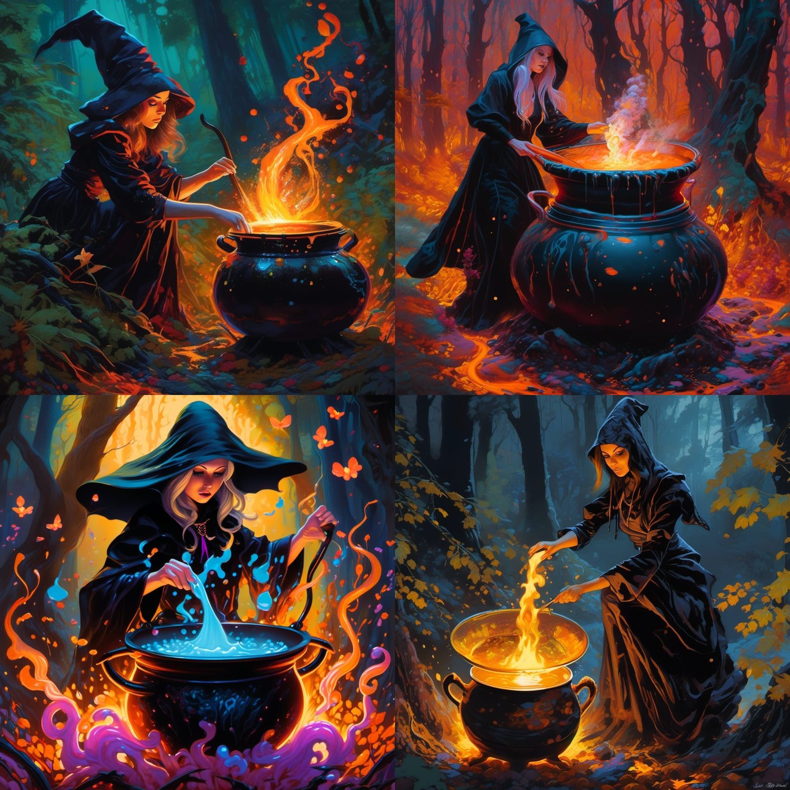 Fantasy Witch Stirring Cauldron in Forest, Graffiti Art